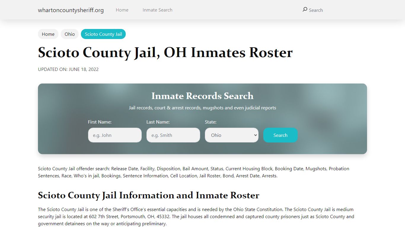 Scioto County Jail, OH Jail Roster, Name Search